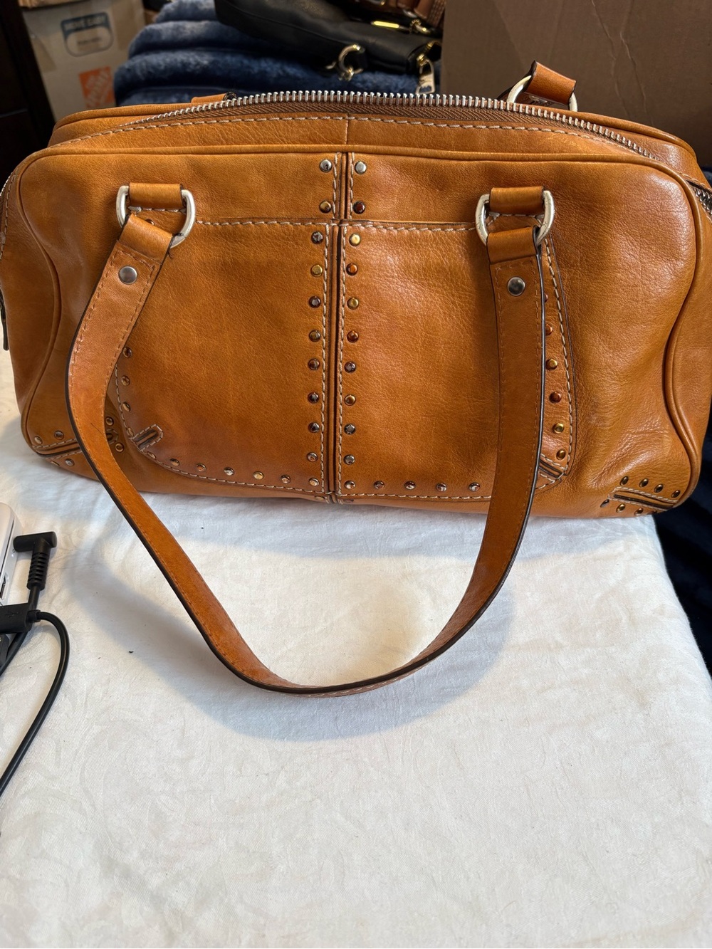 Vintage Michael Kors Astor 2004 Carmel Tan Leather Stud-Accent Shoulder Bag